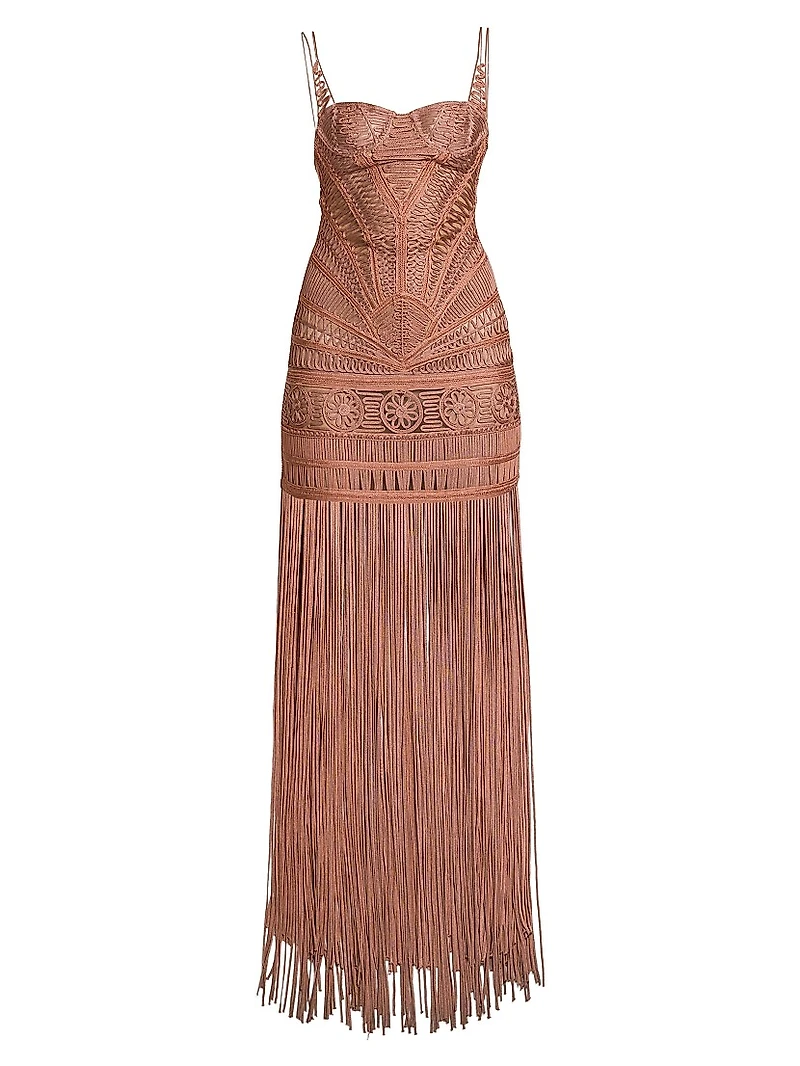 Macramé Bustier Fringe Gown