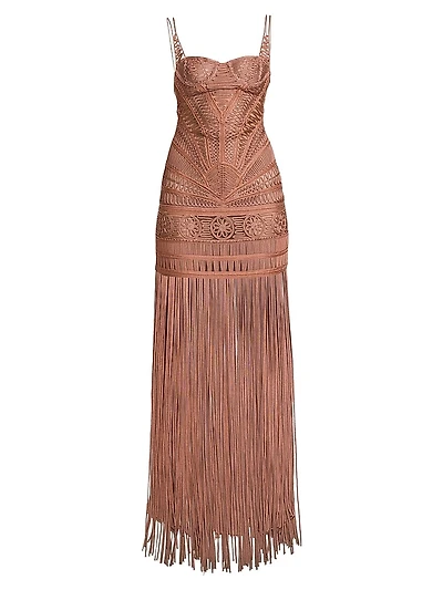 Macramé Bustier Fringe Gown