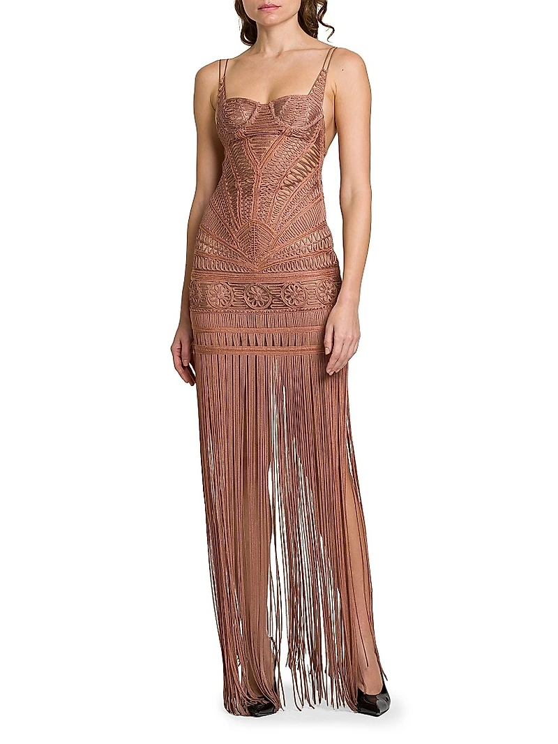 Macramé Bustier Fringe Gown