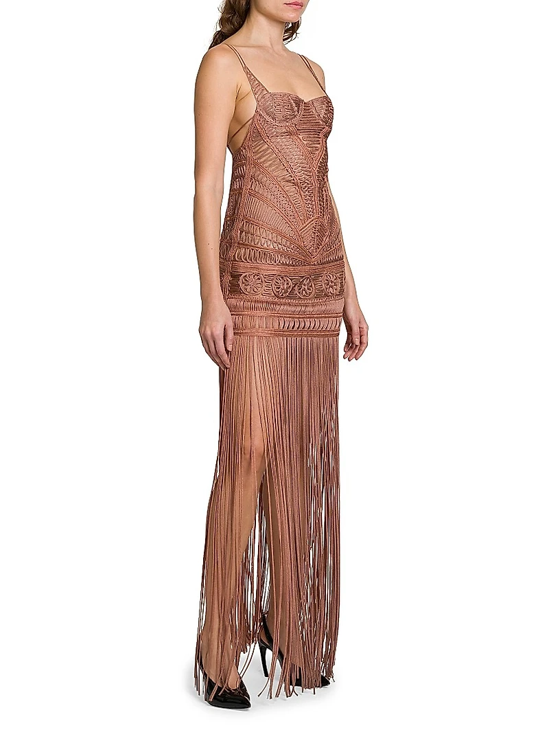 Macramé Bustier Fringe Gown