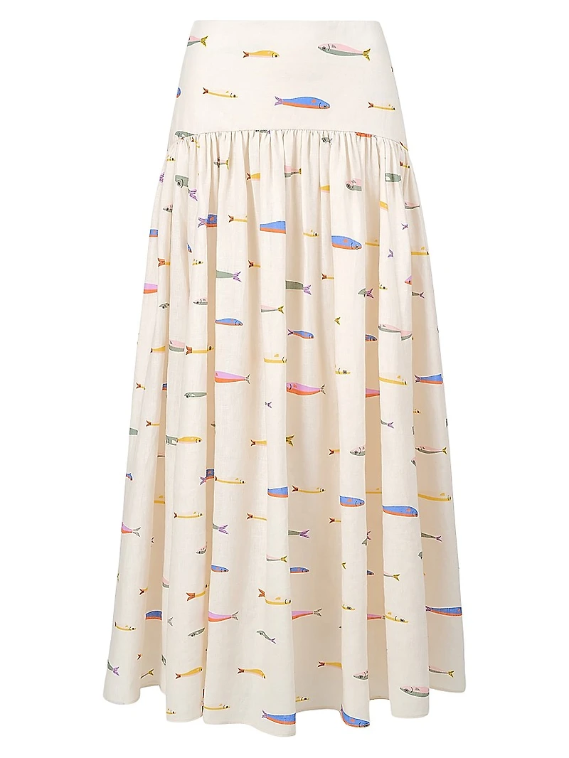 Procida Fish-Print Linen Maxi Skirt