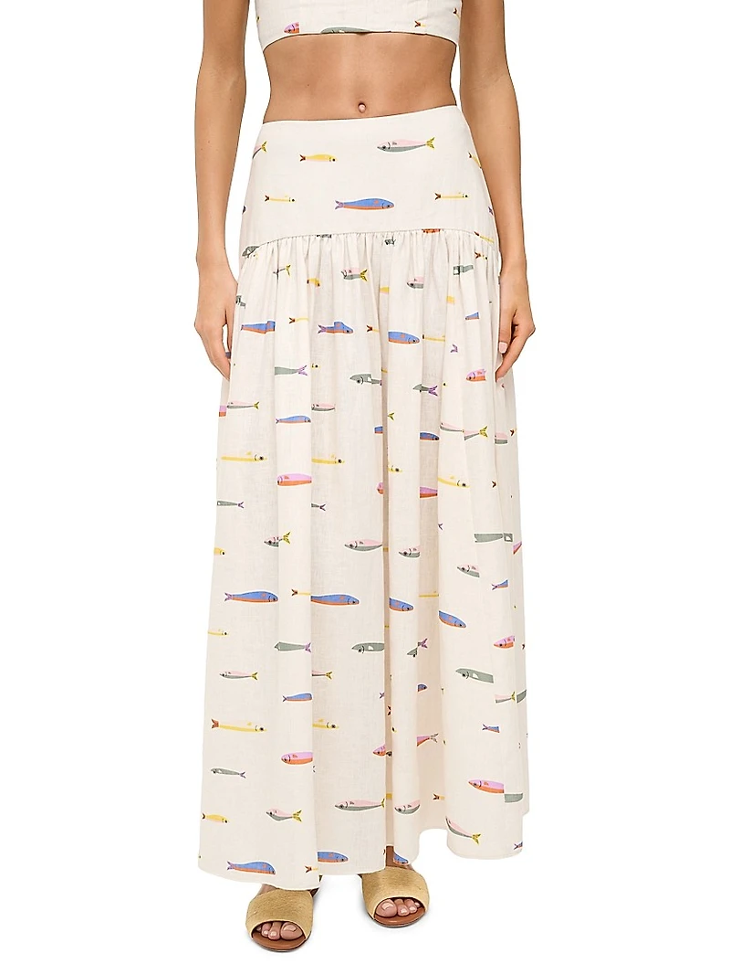 Procida Fish-Print Linen Maxi Skirt