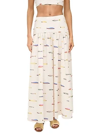 Procida Fish-Print Linen Maxi Skirt