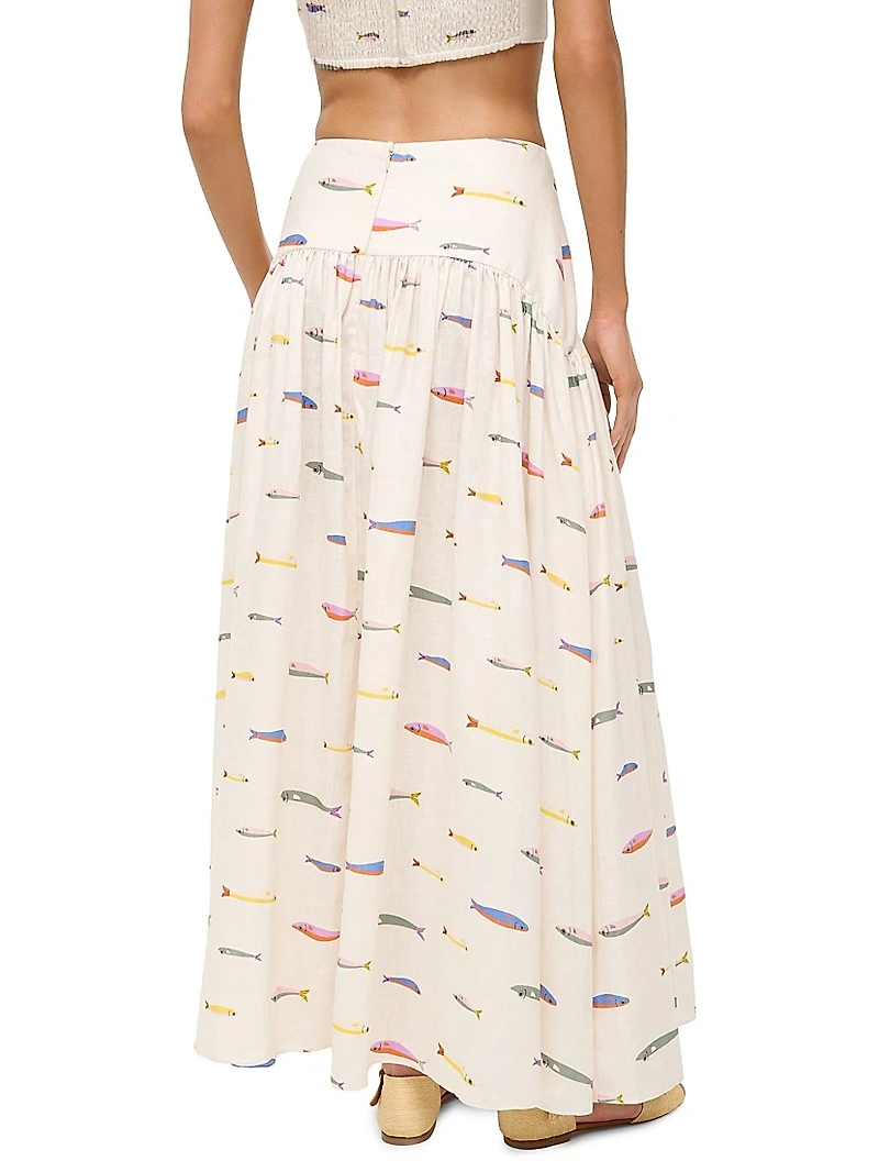 Procida Fish-Print Linen Maxi Skirt