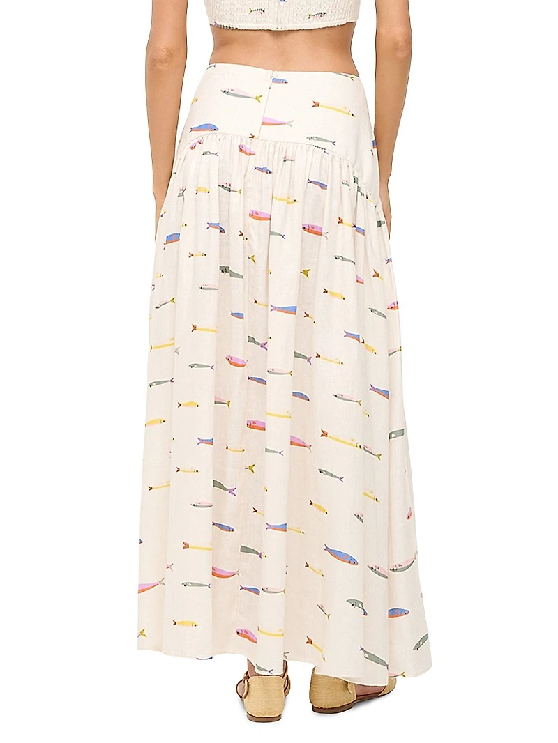 Procida Fish-Print Linen Maxi Skirt