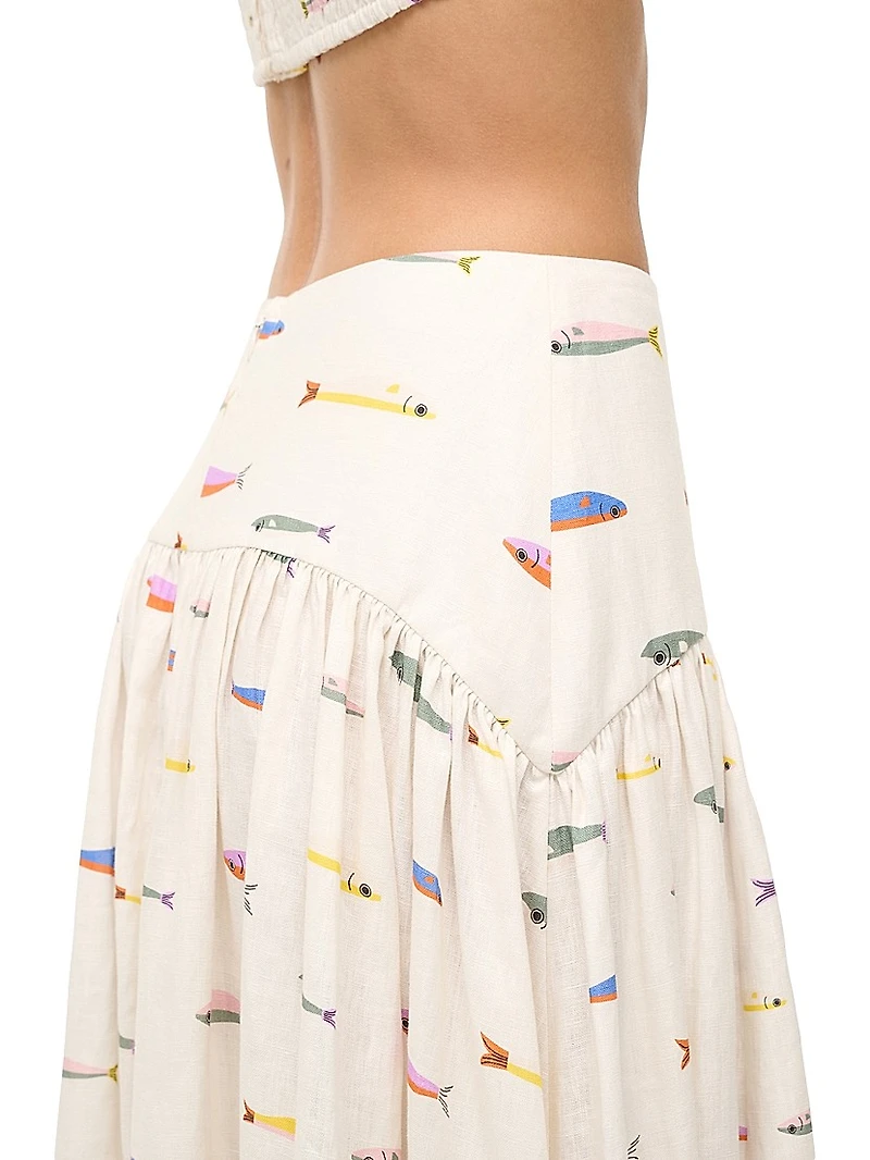 Procida Fish-Print Linen Maxi Skirt