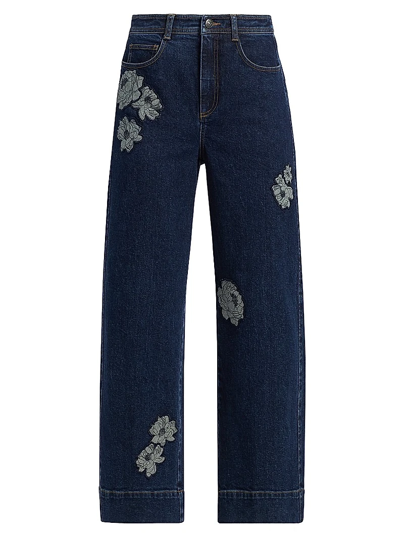 Betsy Floral Appliqué Wide-Leg Jeans