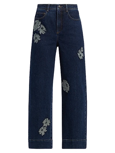 Betsy Floral Appliqué Wide-Leg Jeans