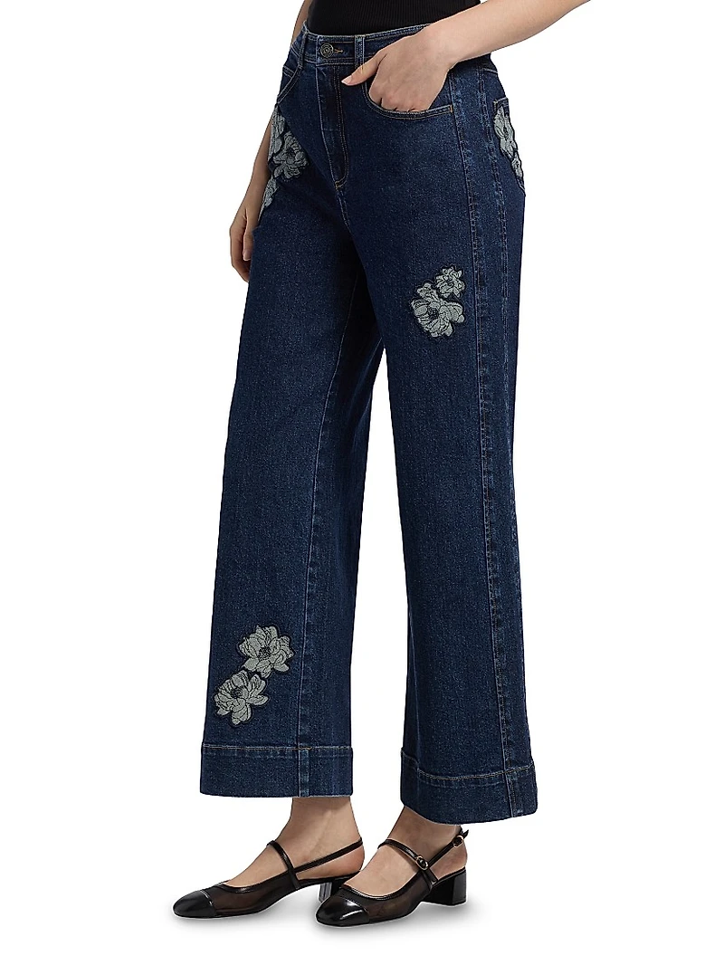 Betsy Floral Appliqué Wide-Leg Jeans