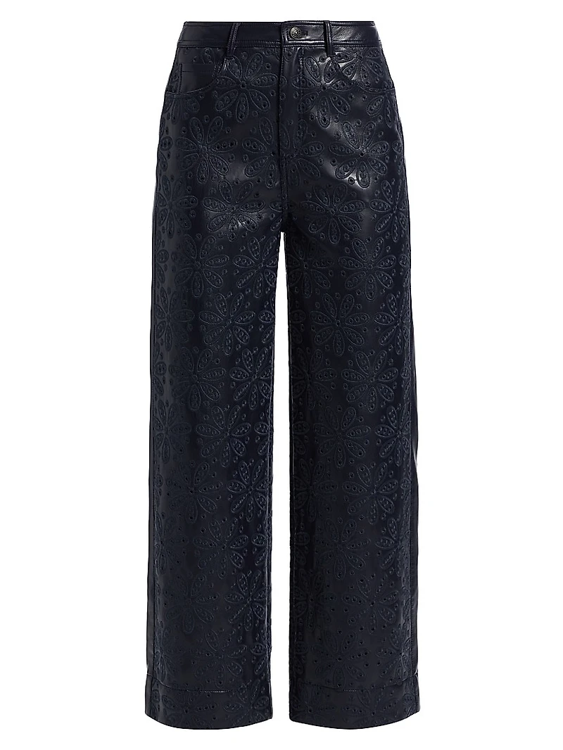Betsy Embroidered Faux Leather Wide-Leg Pants