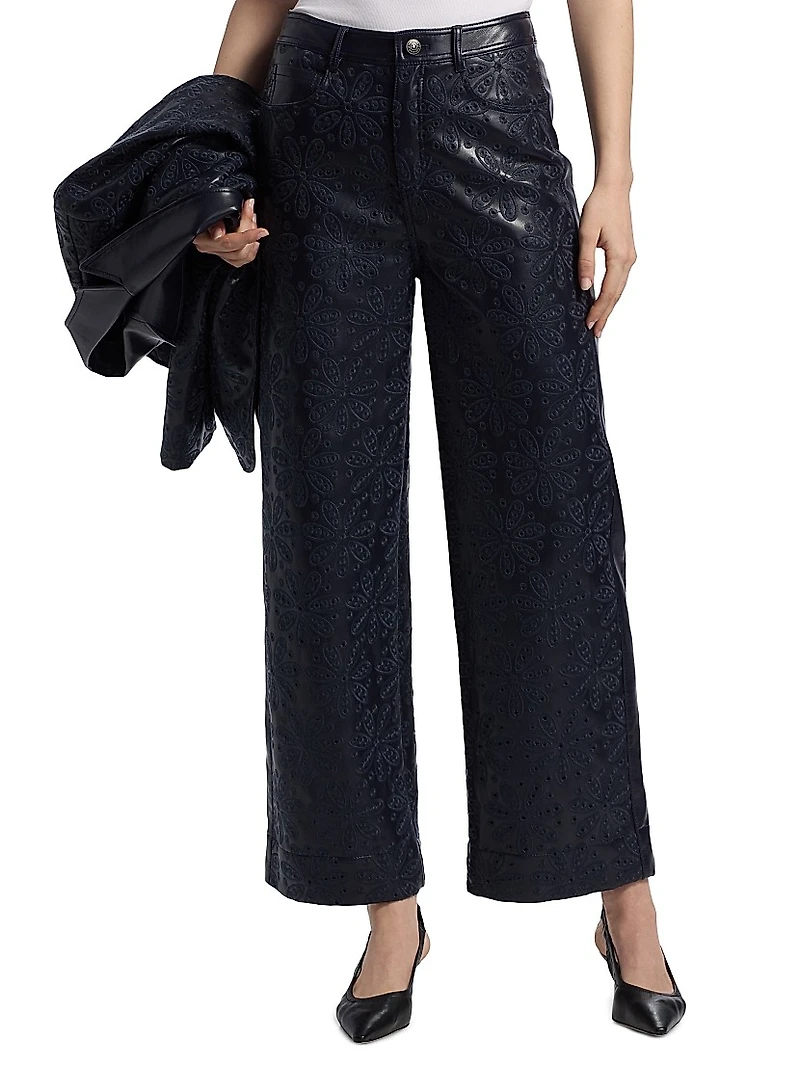 Betsy Embroidered Faux Leather Wide-Leg Pants
