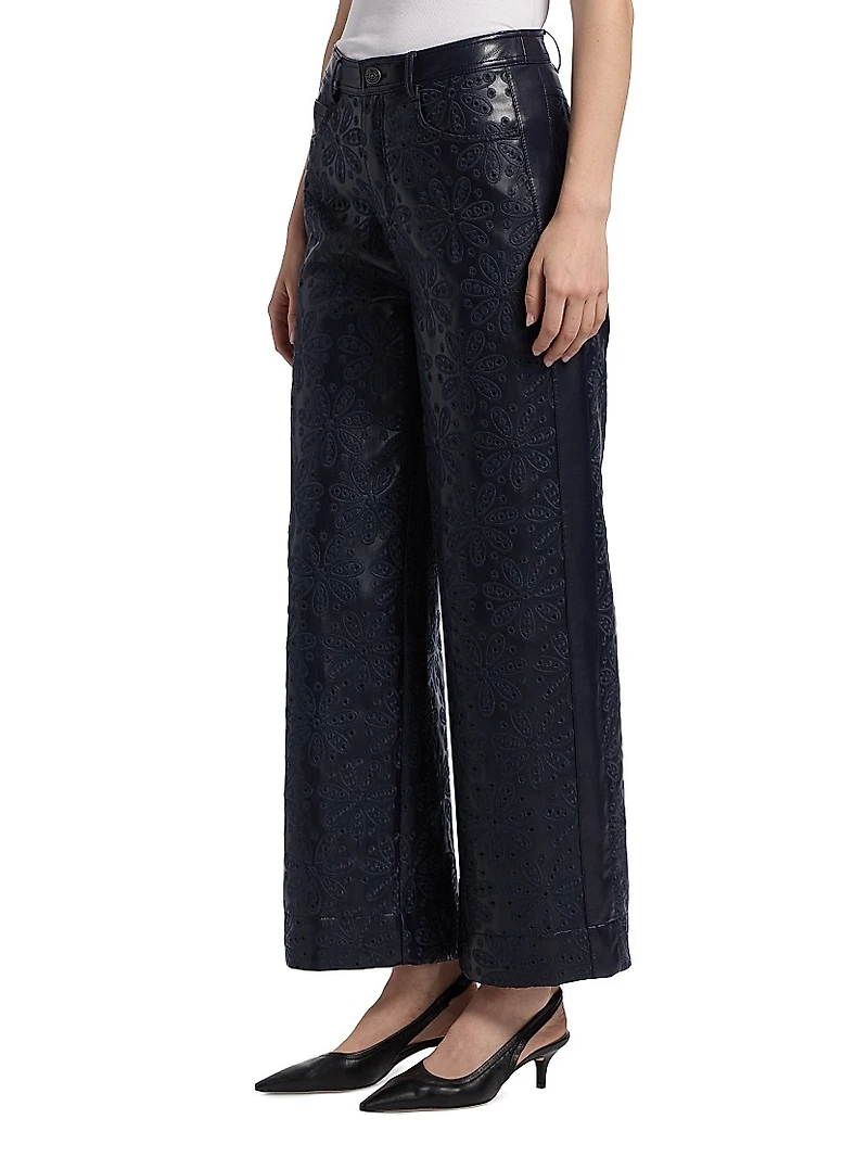 Betsy Embroidered Faux Leather Wide-Leg Pants