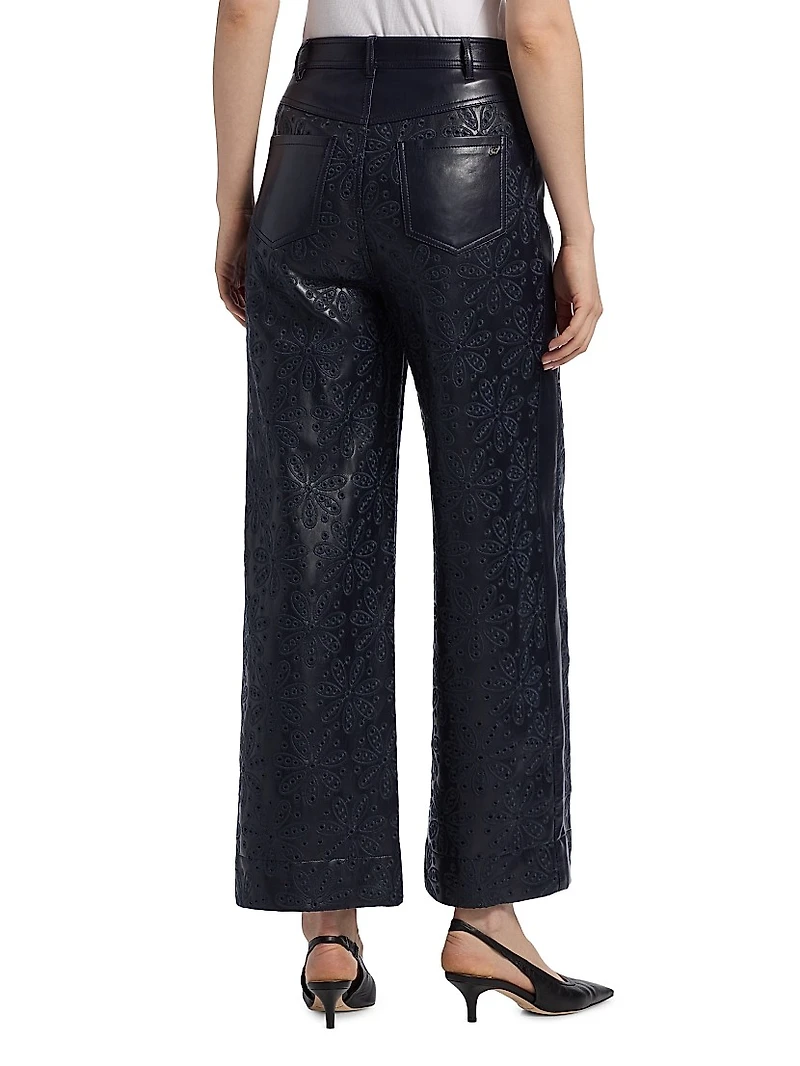 Betsy Embroidered Faux Leather Wide-Leg Pants