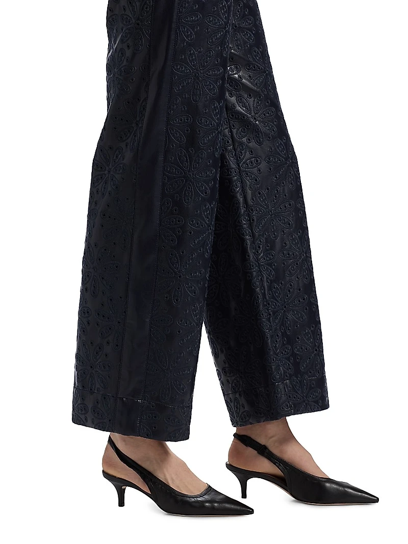 Betsy Embroidered Faux Leather Wide-Leg Pants