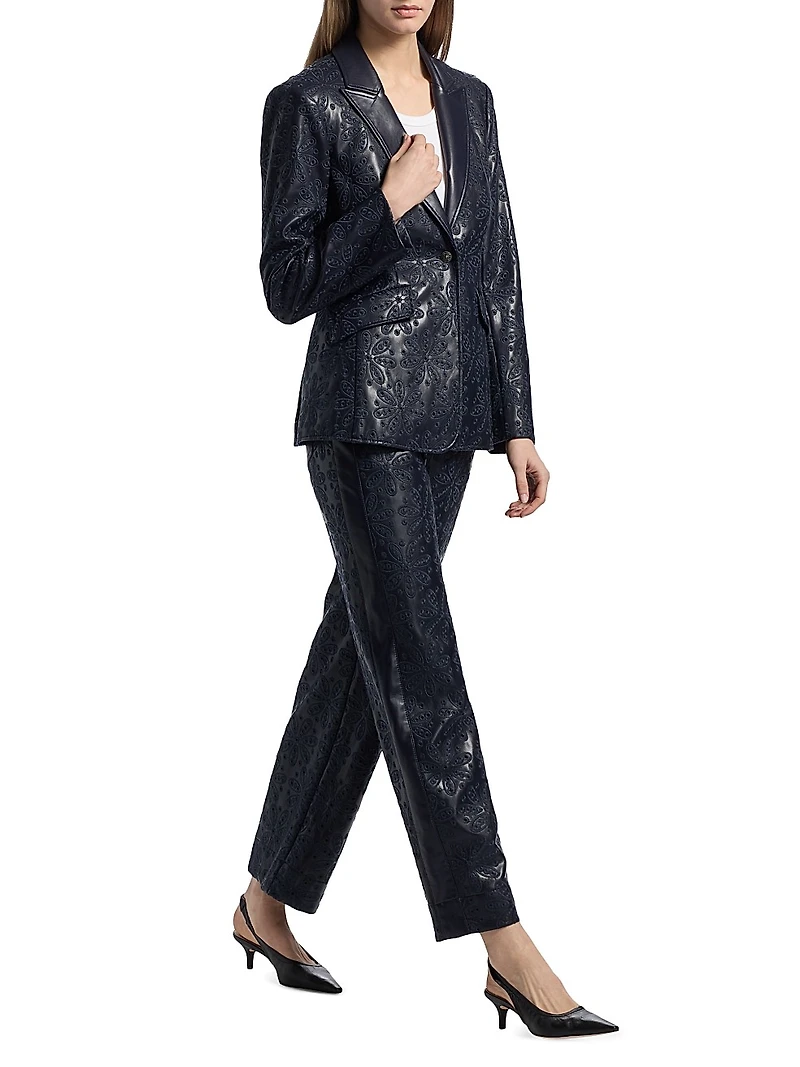Betsy Embroidered Faux Leather Wide-Leg Pants