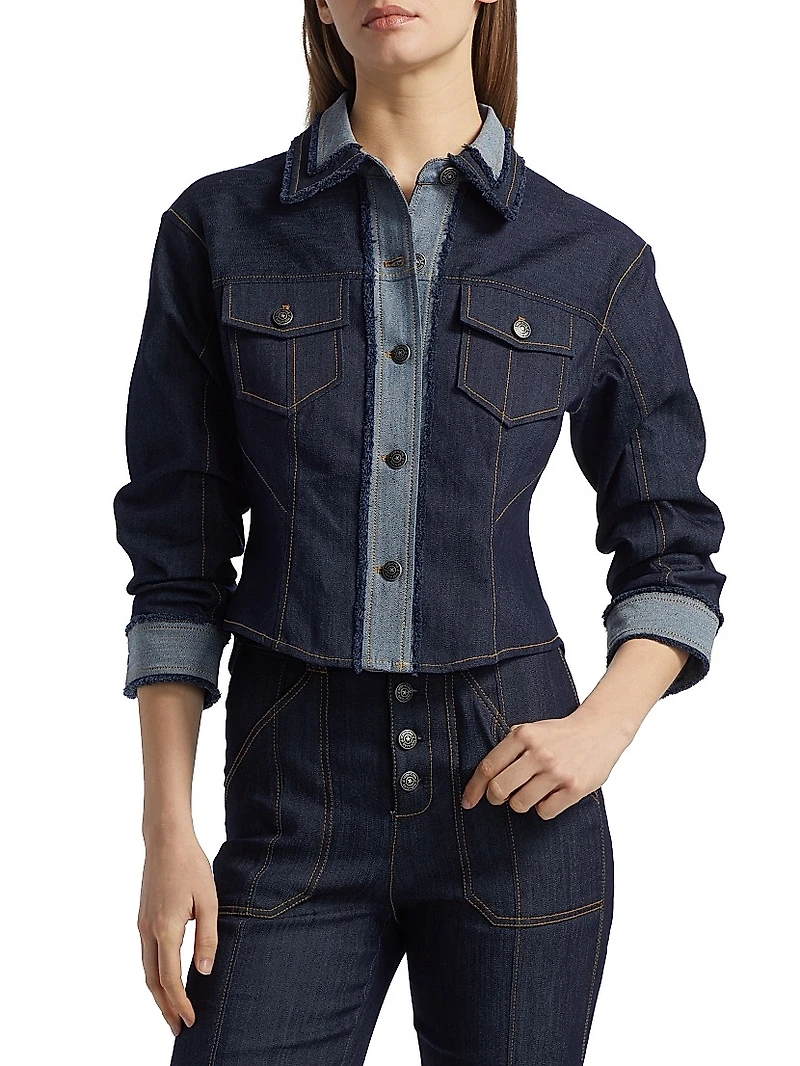 Stretch-Cotton Contrast-Stitch Crop Jacket