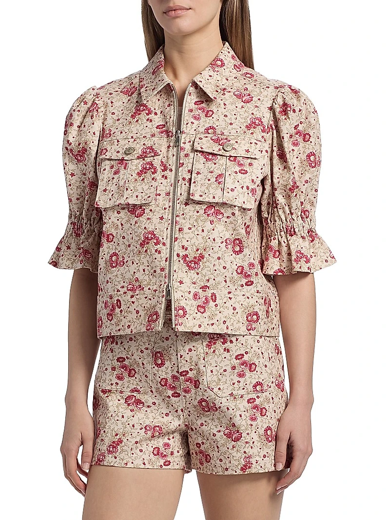 Holly Floral Stretch-Cotton Puff-Sleeve Jacket