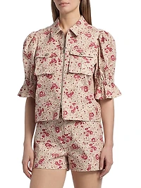 Holly Floral Stretch-Cotton Puff-Sleeve Jacket