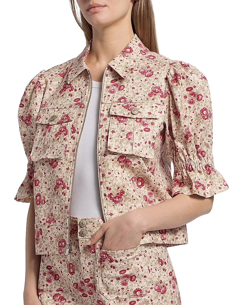 Holly Floral Stretch-Cotton Puff-Sleeve Jacket