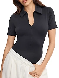 Weightless Scuba-Knit Zip-Front Polo Bodysuit