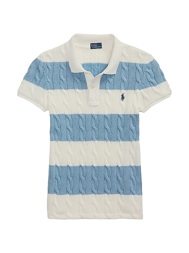 Striped Cable-Knit Short-Sleeve Polo Sweater