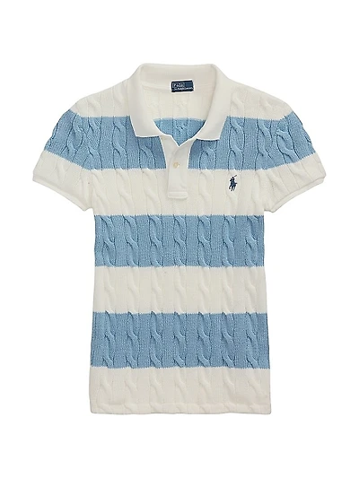 Striped Cable-Knit Short-Sleeve Polo Sweater
