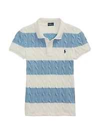 Striped Cable-Knit Short-Sleeve Polo Sweater