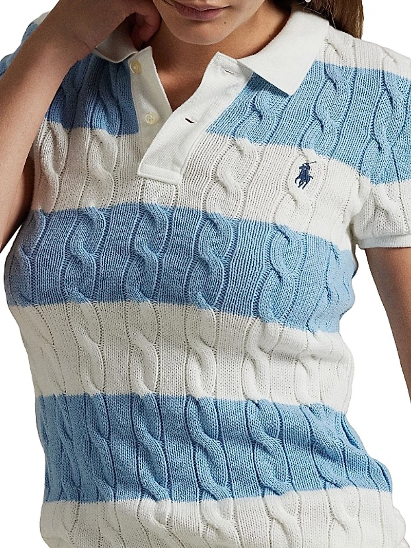 Striped Cable-Knit Short-Sleeve Polo Sweater