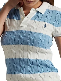 Striped Cable-Knit Short-Sleeve Polo Sweater