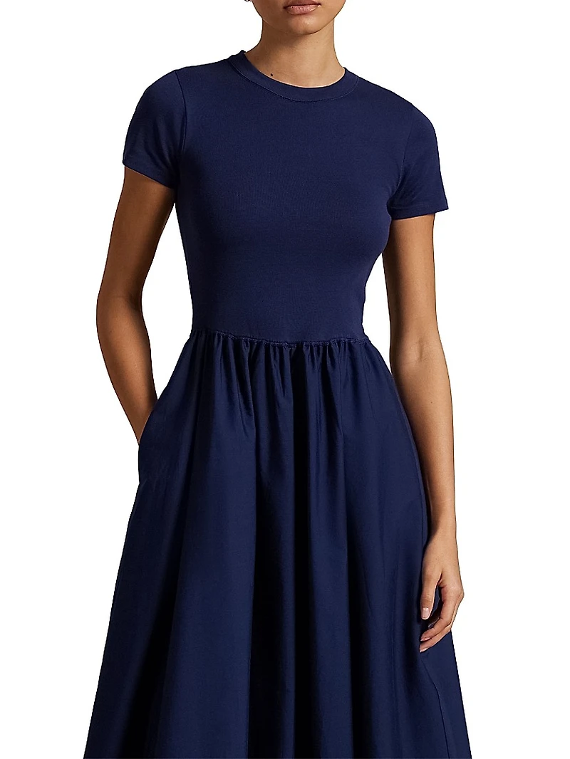Cotton Short-Sleeve Midi-Dress