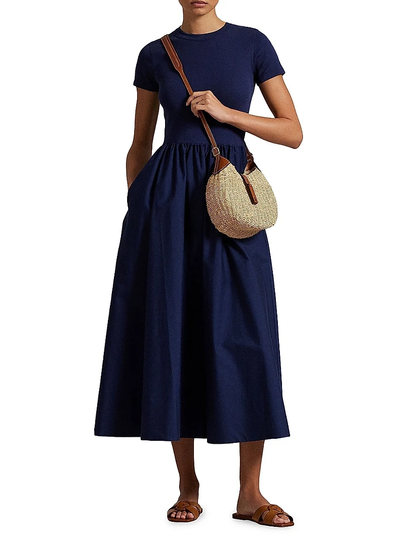 Cotton Short-Sleeve Midi-Dress