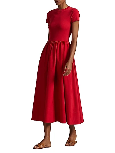 Cotton Short-Sleeve Midi-Dress