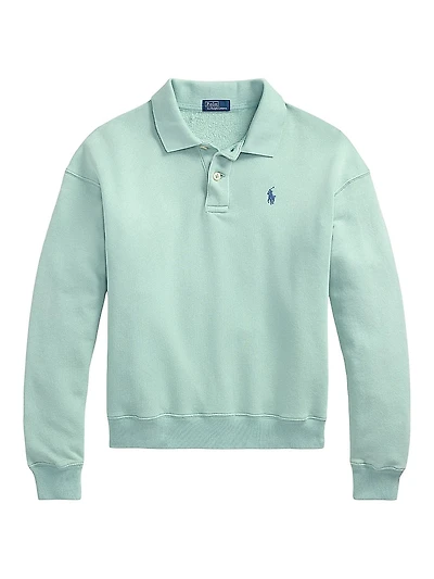 Cotton-Blend Fleece Long-Sleeve Polo Pullover