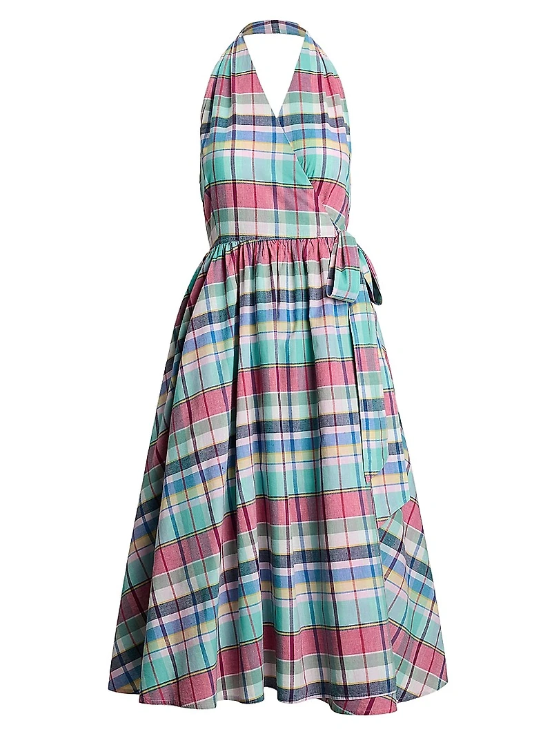 Plaid Cotton Halterneck Wrap Midi-Dress