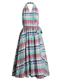 Plaid Cotton Halterneck Wrap Midi-Dress
