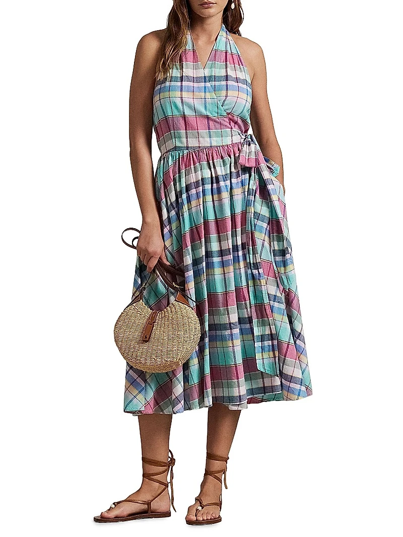 Plaid Cotton Halterneck Wrap Midi-Dress