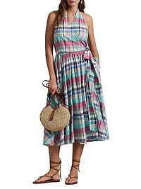 Plaid Cotton Halterneck Wrap Midi-Dress