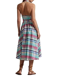 Plaid Cotton Halterneck Wrap Midi-Dress