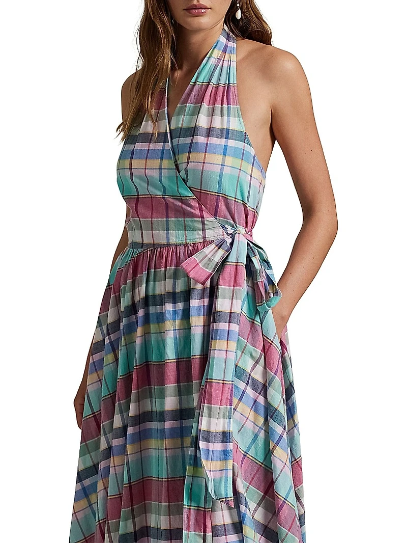 Plaid Cotton Halterneck Wrap Midi-Dress