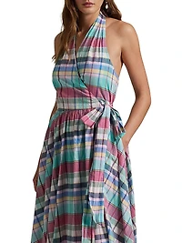 Plaid Cotton Halterneck Wrap Midi-Dress