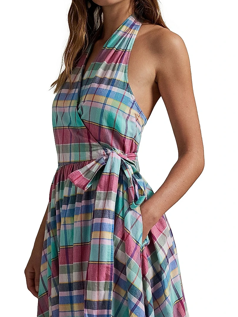 Plaid Cotton Halterneck Wrap Midi-Dress