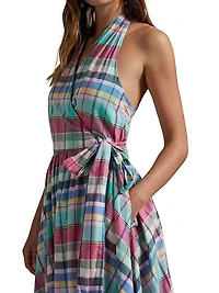 Plaid Cotton Halterneck Wrap Midi-Dress