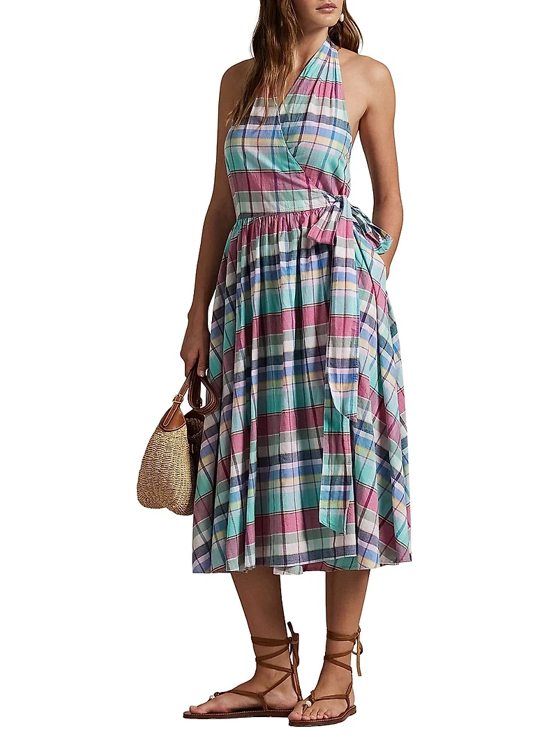 Plaid Cotton Halterneck Wrap Midi-Dress