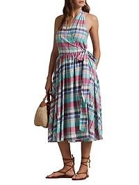 Plaid Cotton Halterneck Wrap Midi-Dress