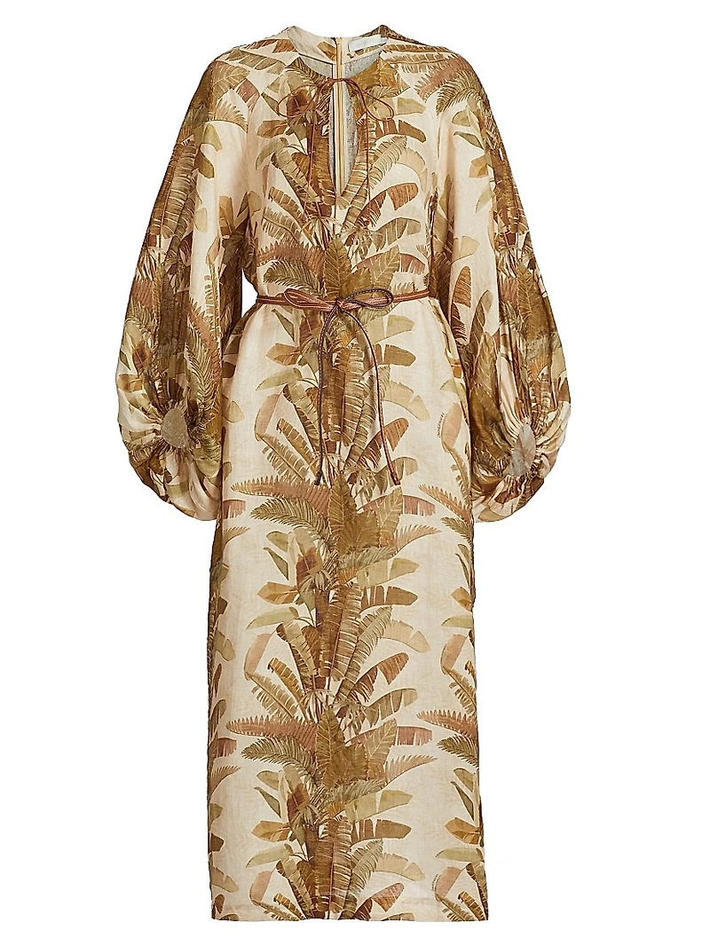 Ascension Leaf-Print Linen Midi-Dress