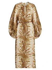 Ascension Leaf-Print Linen Midi-Dress