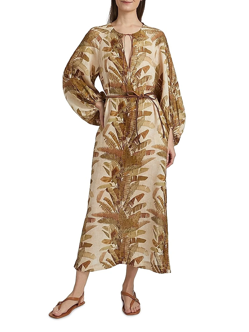 Ascension Leaf-Print Linen Midi-Dress