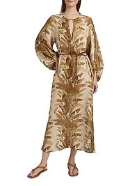 Ascension Leaf-Print Linen Midi-Dress