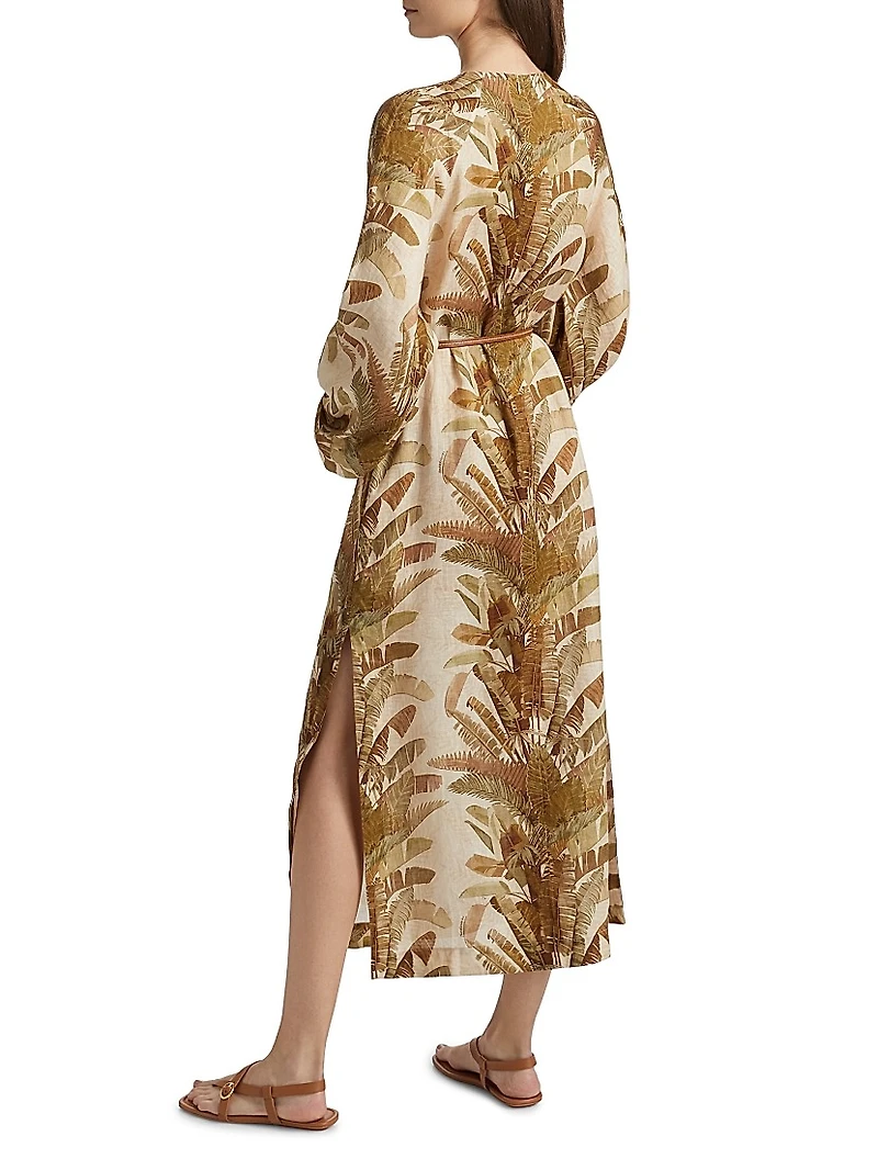 Ascension Leaf-Print Linen Midi-Dress