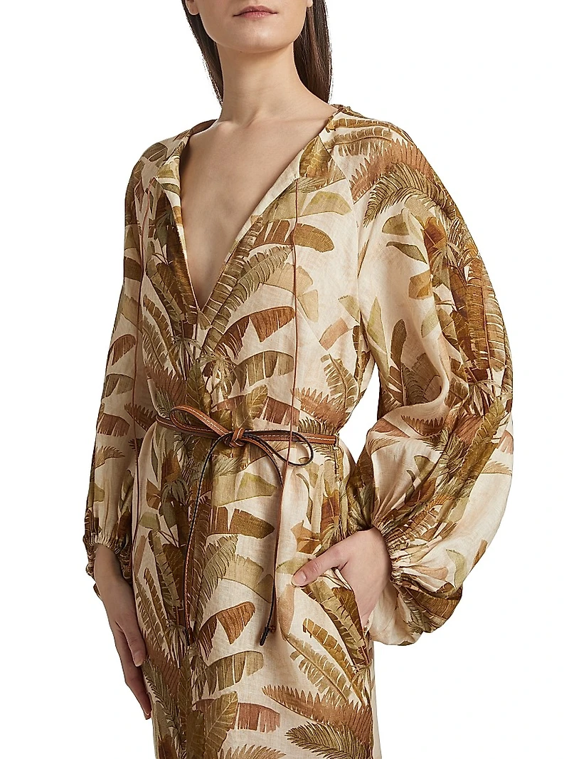 Ascension Leaf-Print Linen Midi-Dress